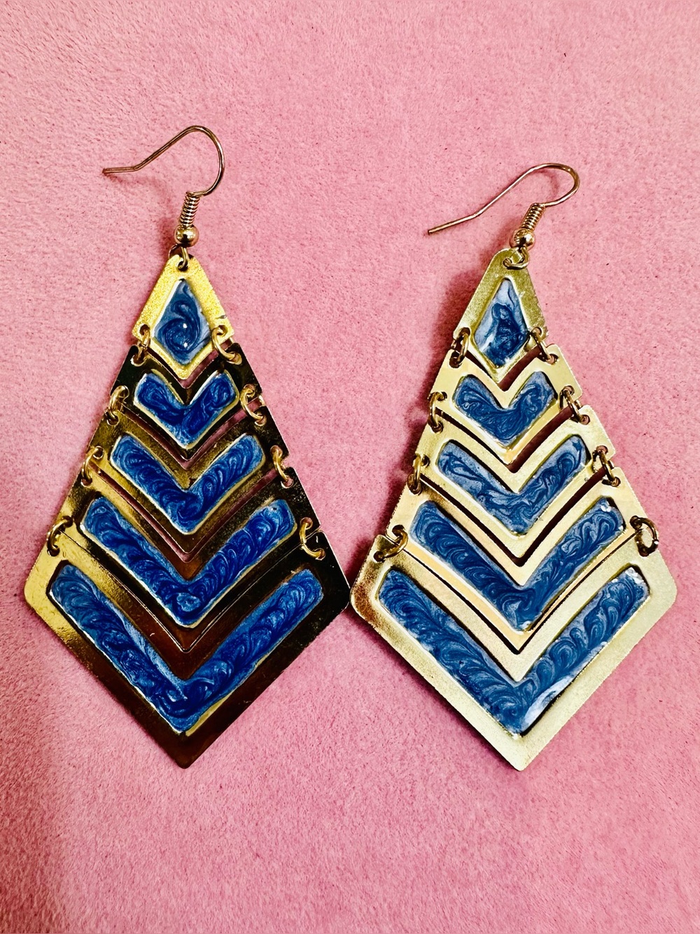 NWT Blue Gold Geometric Chevron Statement Earrings